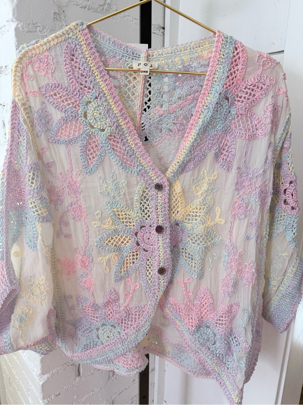 POL Pastel Crochet Floral Openwork Cardigan in Pink, Blue, Yellow, Lavender